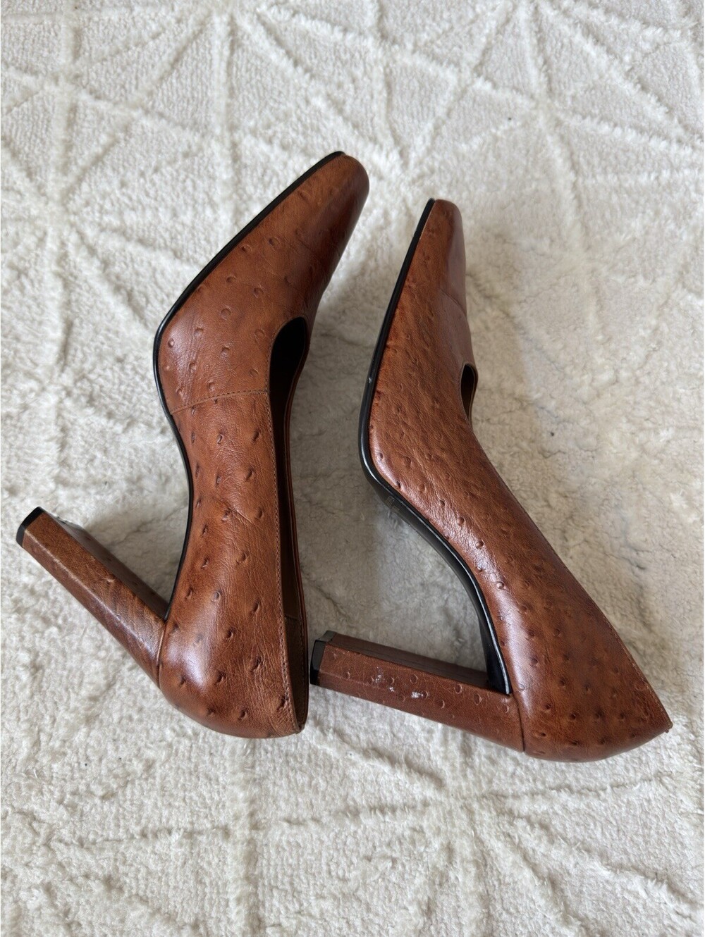 Carrano Brown Ostrich Embossed Leather Square Toe Chunky Block Heel Pumps 7.5